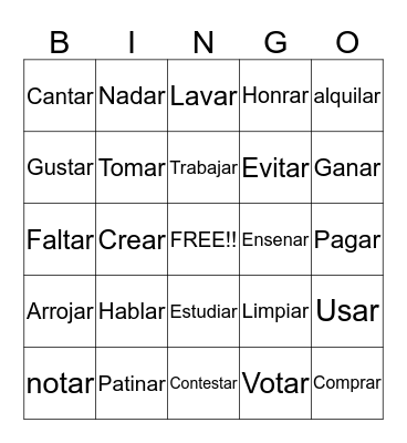 AR VERBS Bingo Card