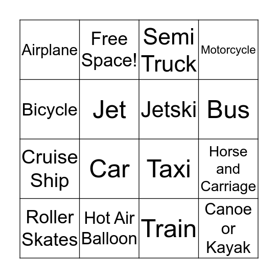 Transportation Bingo Card