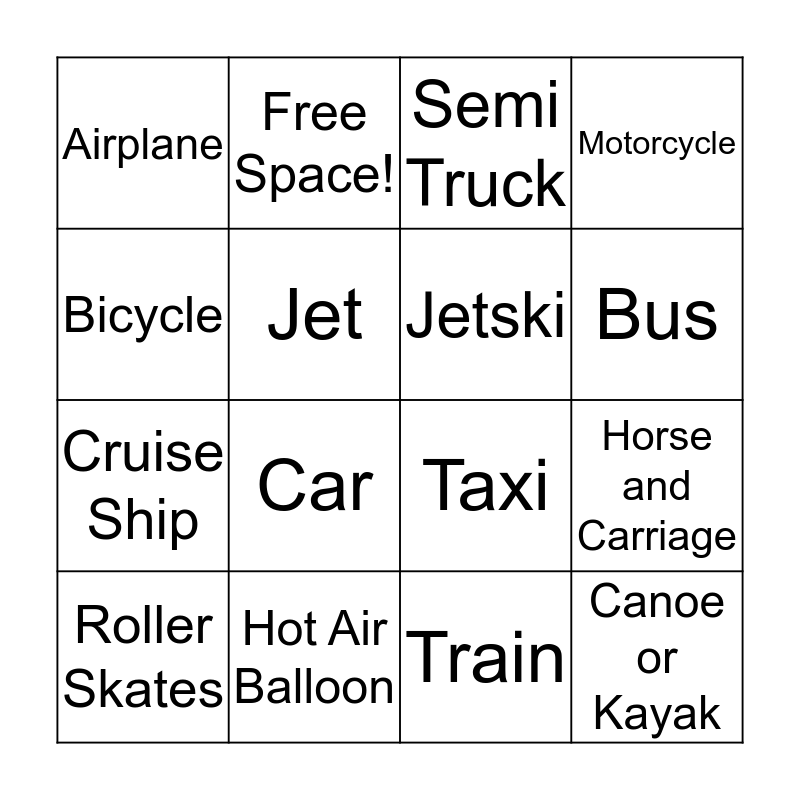 Transportation Bingo Card