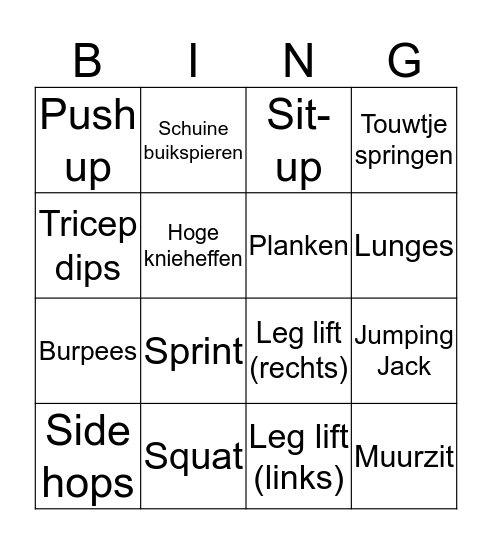 Fitness Bingo DBC Bingo Card