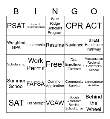 College/Future Lingo Bingo!  Bingo Card