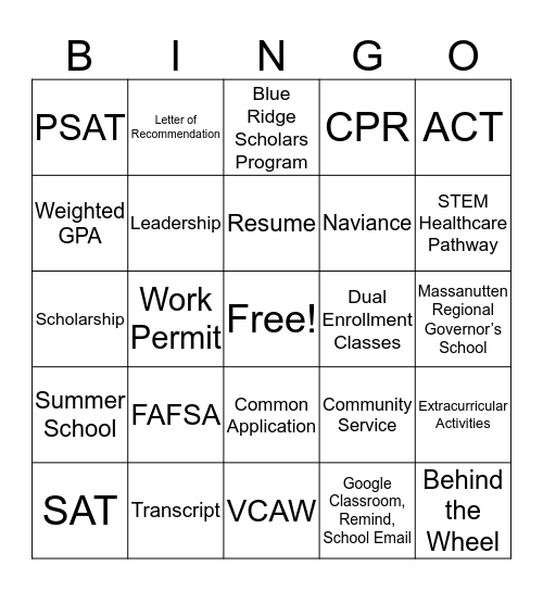 College/Future Lingo Bingo!  Bingo Card