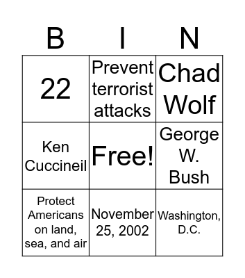 Homeland Security Bingo Card