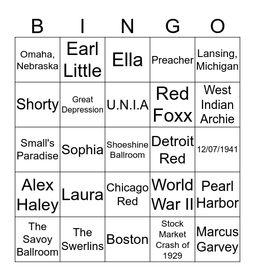 Malcolm X Bingo Card