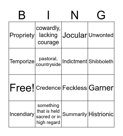 Exam Vocab Bingo Card