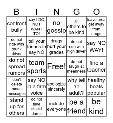 JUST SAY NO Bingo Card