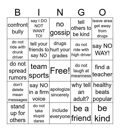 JUST SAY NO Bingo Card