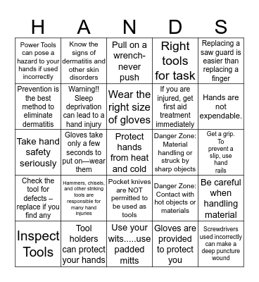 FW Hand Safety 2014 Bingo Card