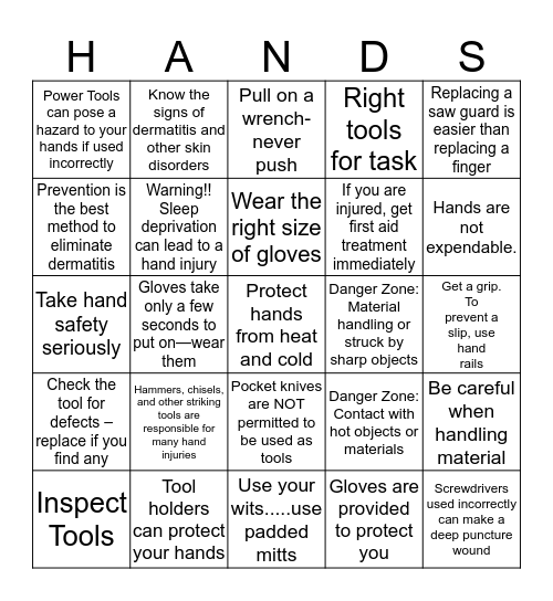 FW Hand Safety 2014 Bingo Card