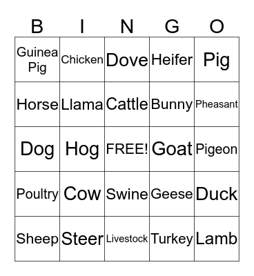Show Animals Bingo Card