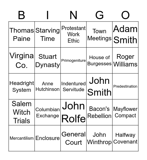 SSUSH1 Bingo Card