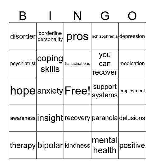 Mental Health Bingo Card