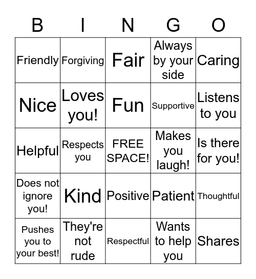 Friendship  Bingo Card