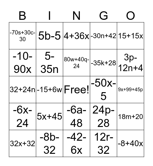 Distributive Property Bingo Card