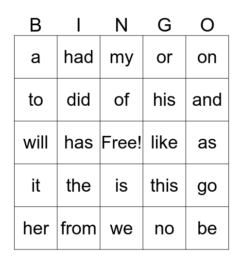 Sight Word Bingo Card