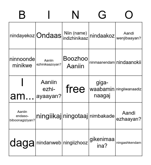 Ojibwe Bingo- Questions and Phrases Bingo Card