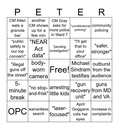 MPD Oversight Hearing Bingo Card