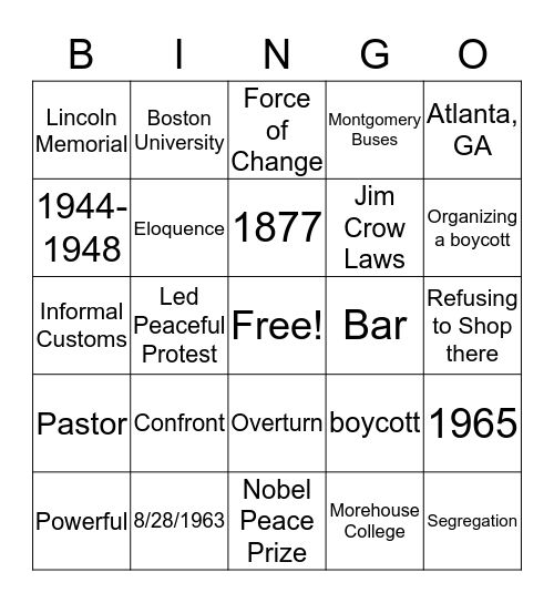 MLK Bingo Card