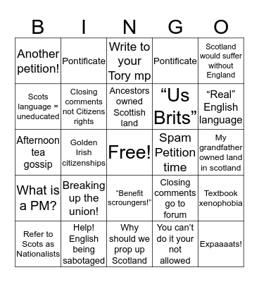 Little Englander Bingo Card