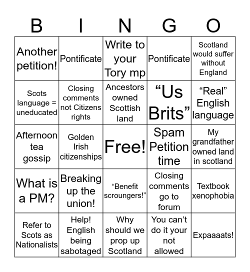 Little Englander Bingo Card