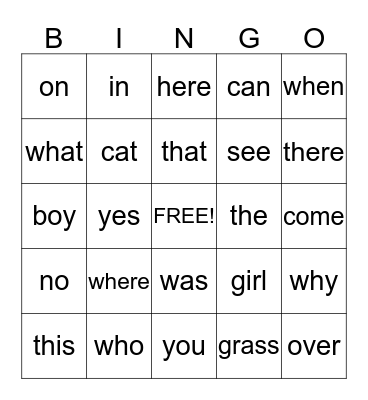 Question Words Bingo Card