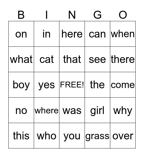 Question Words Bingo Card