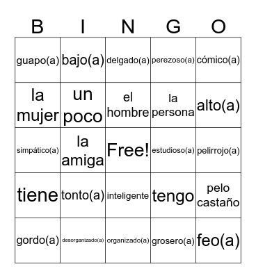 Describing People - Spanish Vocabulary Bingo Card