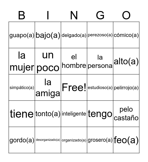 Describing People - Spanish Vocabulary Bingo Card