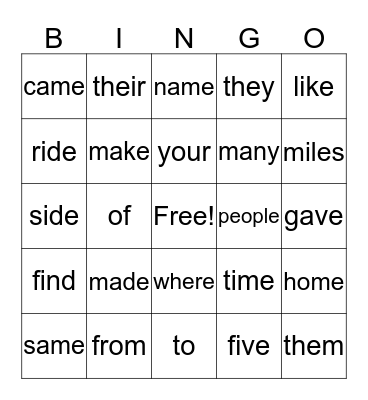 Gate 1.3 High-Frequency Words Bingo Card