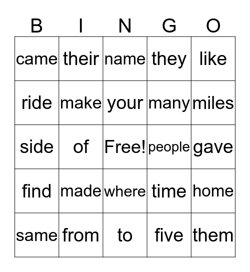 Gate 1.3 High-Frequency Words Bingo Card