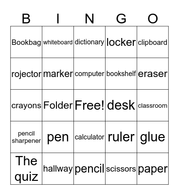 School supplies Bingo Card