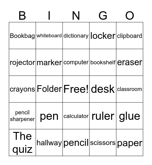 School supplies Bingo Card