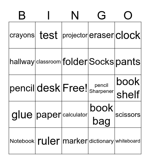 School Supplies  Bingo Card