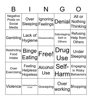 Unhealthy Coping Skills Bingo Card