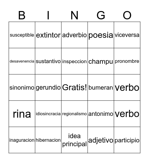 Vocabulario 1.14.2020 Bingo Card