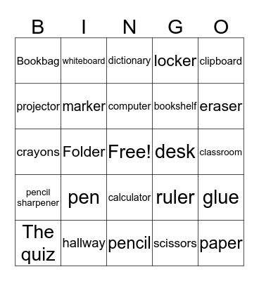 School supplies Bingo Card