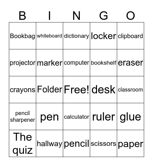 School supplies Bingo Card