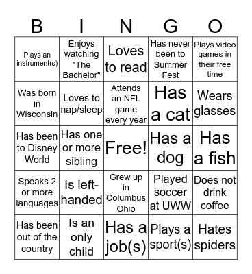 Get to know your Classmates Bingo Card