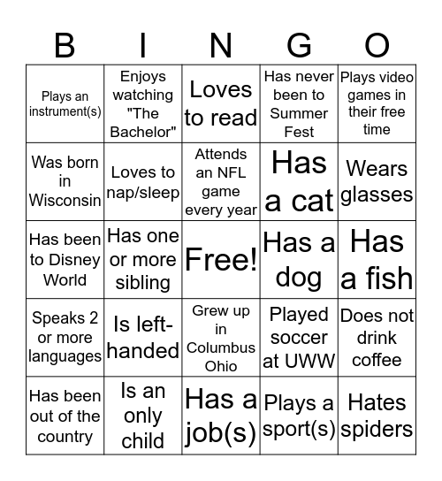 Get to know your Classmates Bingo Card