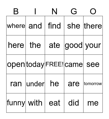 Words Bingo Card