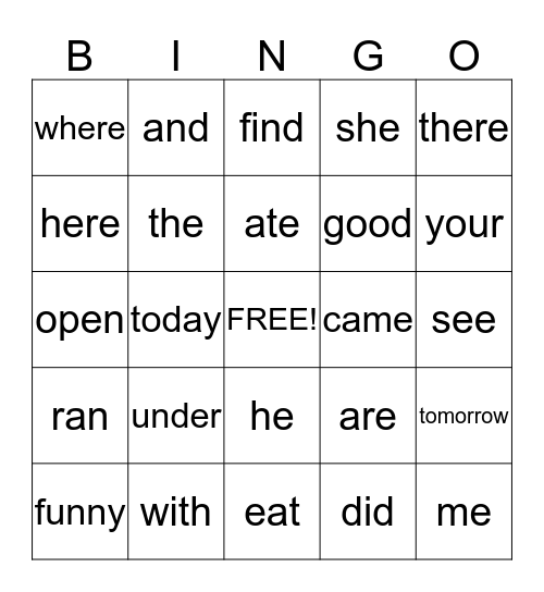 Words Bingo Card