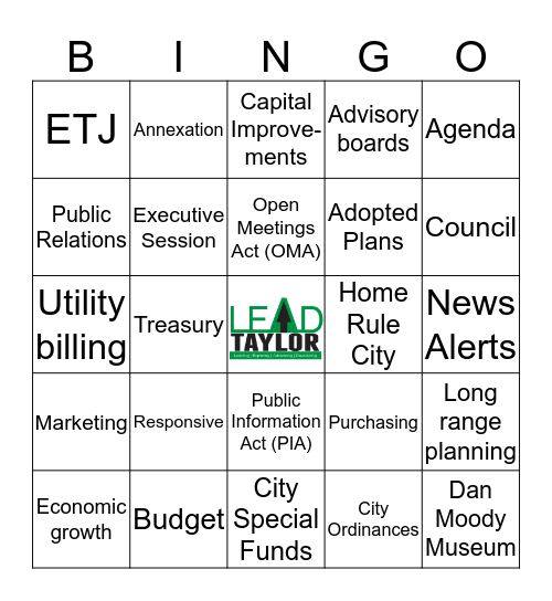 LEAD Taylor 2020 Bingo Card