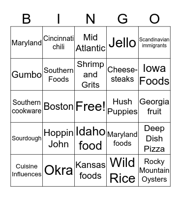 American Cuisine Bingo Card