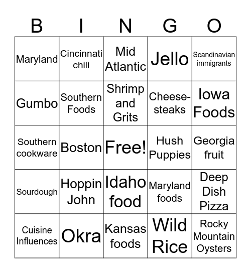 American Cuisine Bingo Card