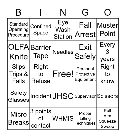 REFLEX Safety  Bingo Card