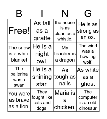 SIMILES AND METAPHORS Bingo Card