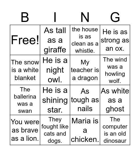 SIMILES AND METAPHORS Bingo Card