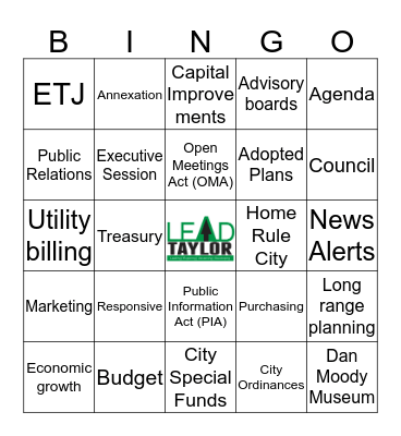 LEAD Taylor 2020 Bingo Card