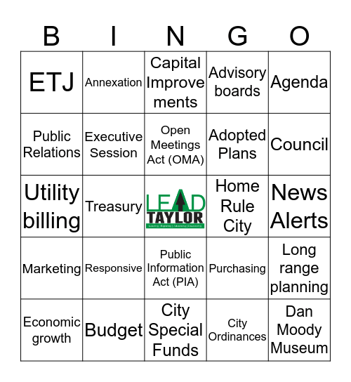 LEAD Taylor 2020 Bingo Card