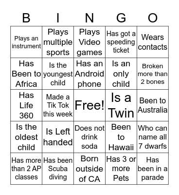 Life Teen Bingo Card